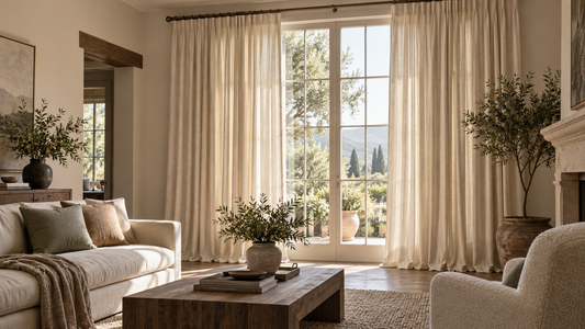 Warm ivory linen curtains hung high and wide in a sunlit living room