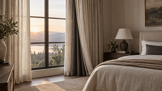 Layered oatmeal curtains with a darker light-blocking lining in a restful bedroom