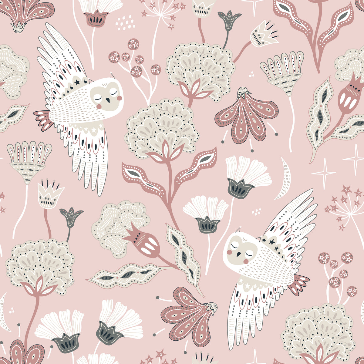 Pattern of owls and flowers on a pink background