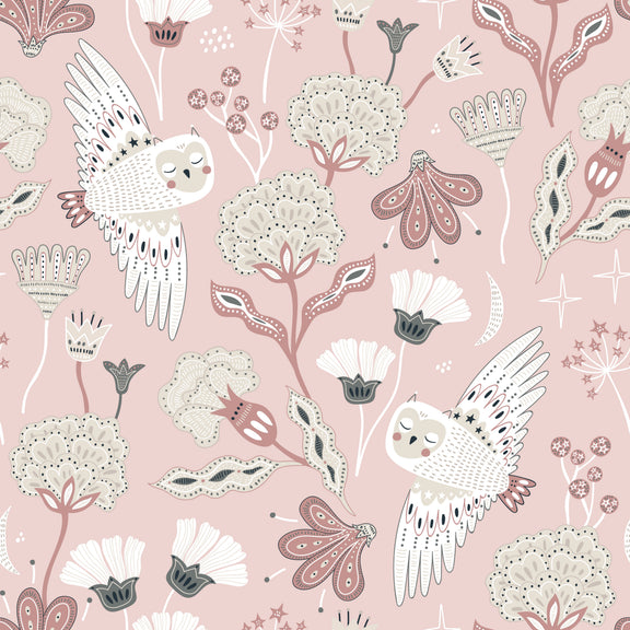 Pattern of owls and flowers on a pink background
