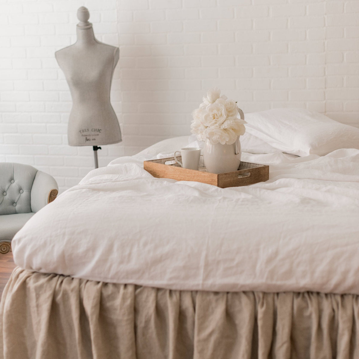 Linen Ruffled Bed Skirt - Base Valance - Linen Mattress Cover Natural Flax - White, Oatmeal, Mustard Bed Skirt - Twin, Full, Queen, King