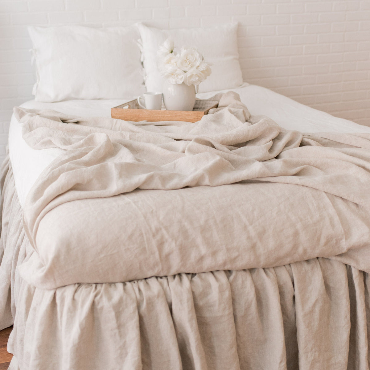 Linen Ruffled Bed Skirt - Base Valance - Linen Mattress Cover Natural Flax - White, Oatmeal, Mustard Bed Skirt - Twin, Full, Queen, King