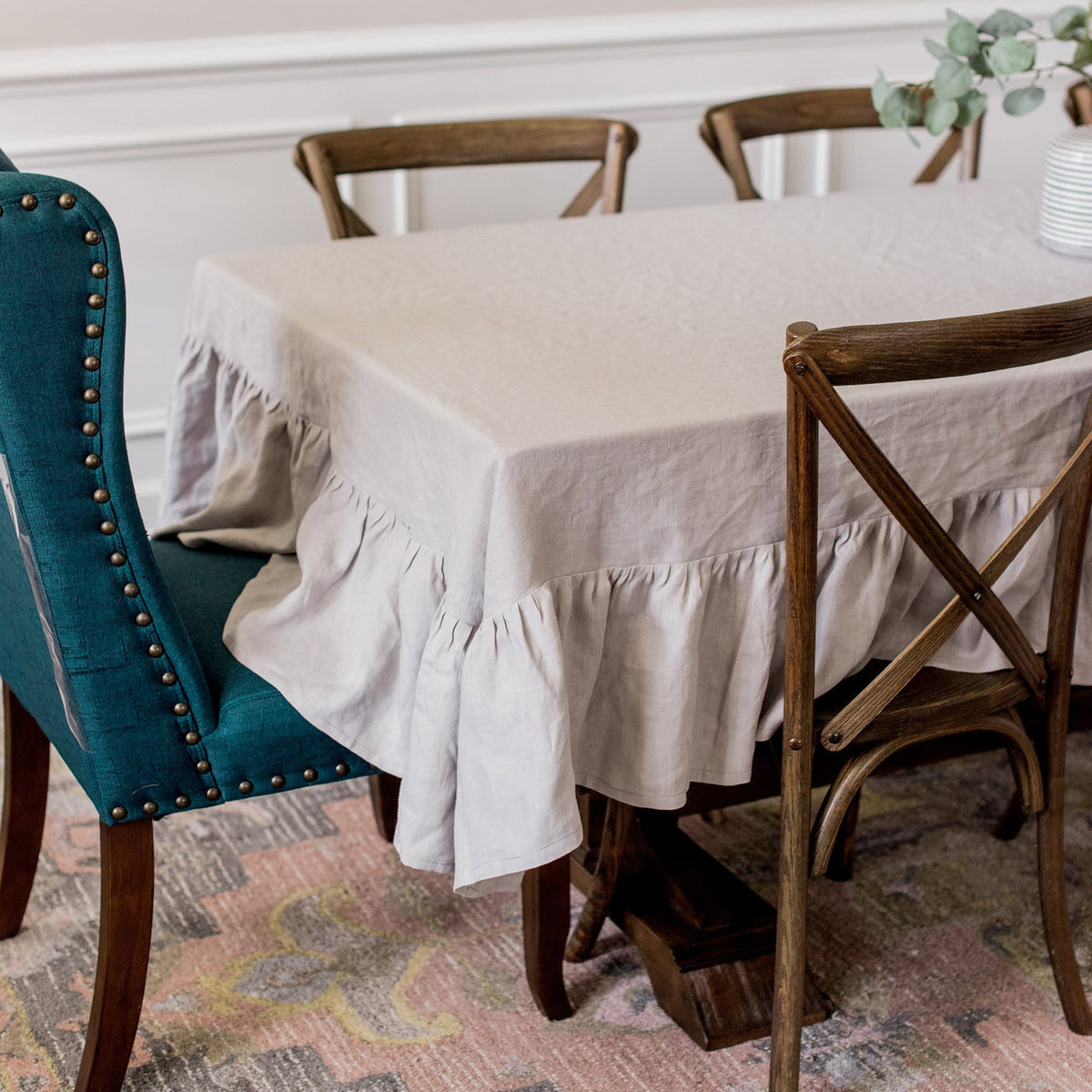Handmade Linen Tablecloth with Ruffle Edges in Natural European Linen