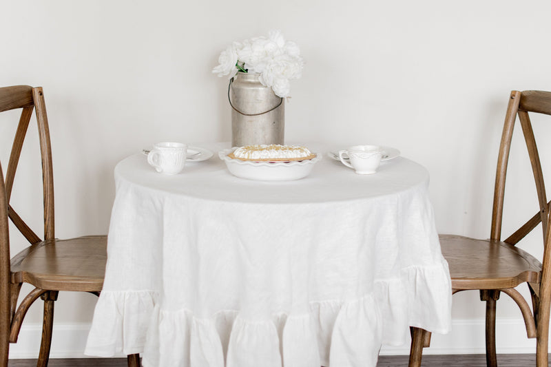 Clearance! Ready-to-Ship Round Linen Tablecloth with Ruffle, Coffee Table Tablecloth, Kitchen Décor Tablecloth Table Décor Tablecloth