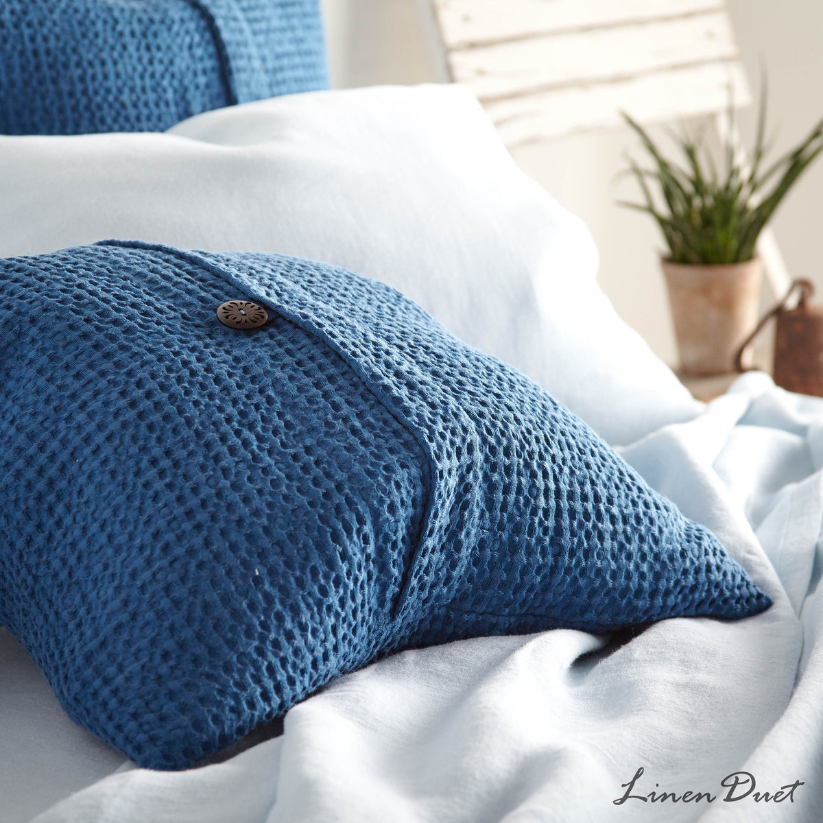Waffle Linen Cotton Pillowcase with Decorative Button Closure