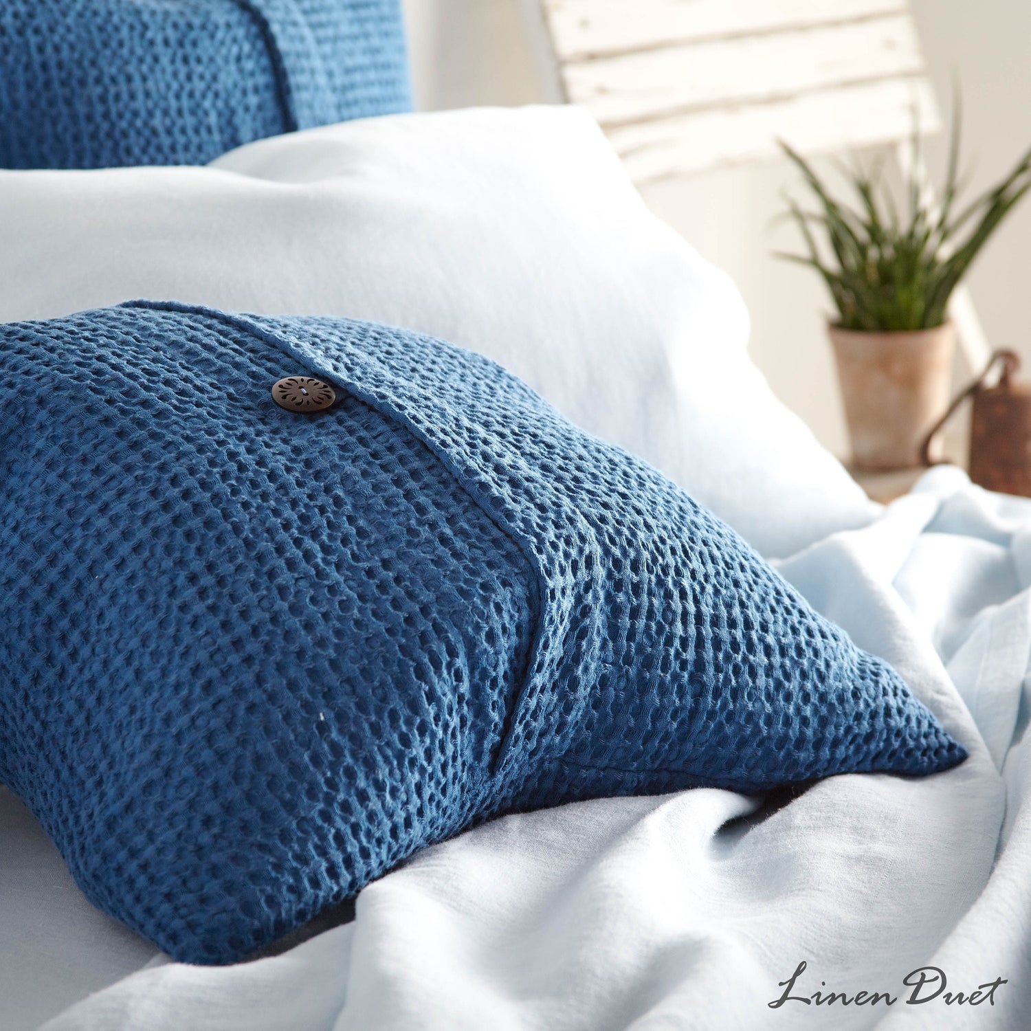 Waffle Linen Cotton Pillowcase with Decorative Button Closure