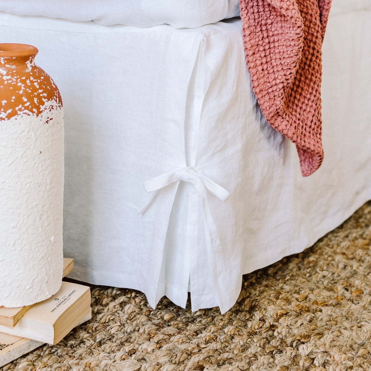 Linen Bed Coverlet with Flat Sides and Corner Ties - Linen Bedding Natural - White, Oatmeal, Mustard Bed Cover - Custom, Queen, King - Gift
