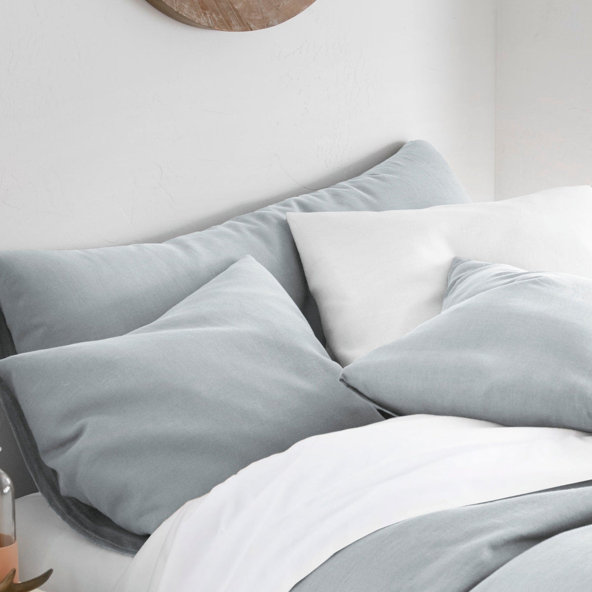 Set of 2 light bluish grey linen pillow covers / pillowcases with envelope closure.