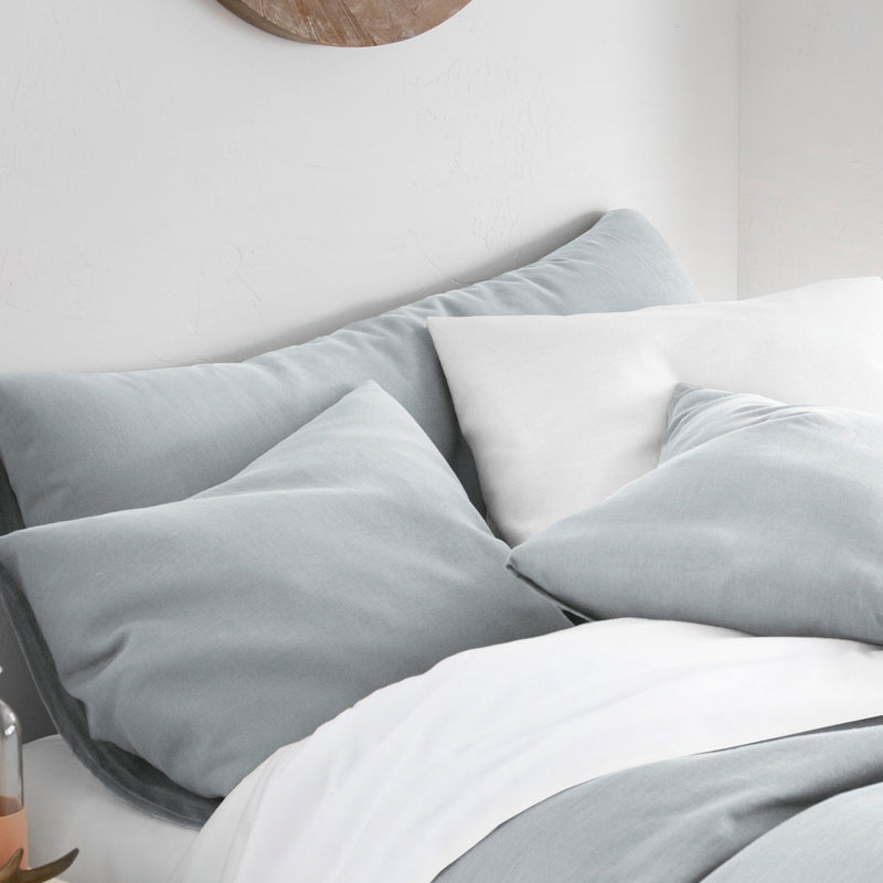 Set of 2 light bluish grey linen pillow covers / pillowcases with envelope closure.