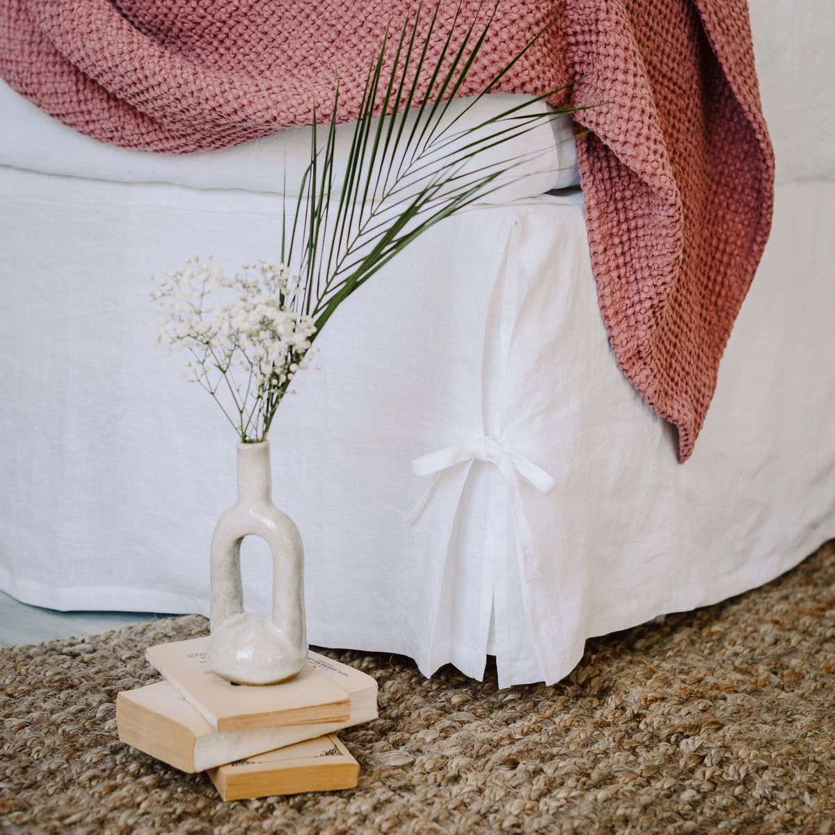 Linen Bed Coverlet with Flat Sides and Corner Ties - Linen Bedding Natural - White, Oatmeal, Mustard Bed Cover - Custom, Queen, King - Gift
