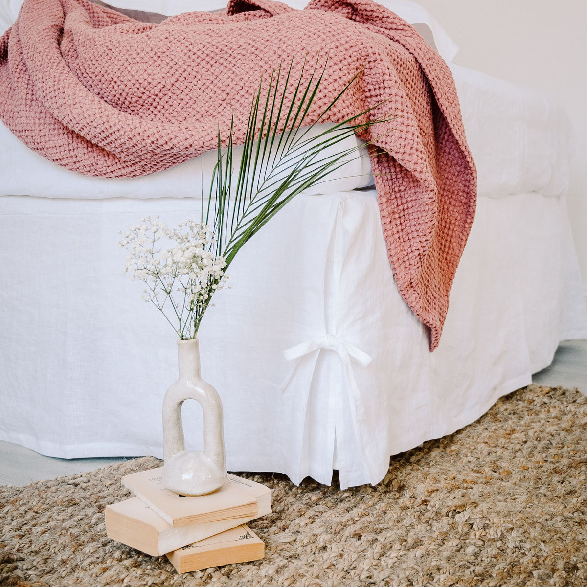 Linen Bed Coverlet with Flat Sides and Corner Ties - Linen Bedding Natural - White, Oatmeal, Mustard Bed Cover - Custom, Queen, King - Gift