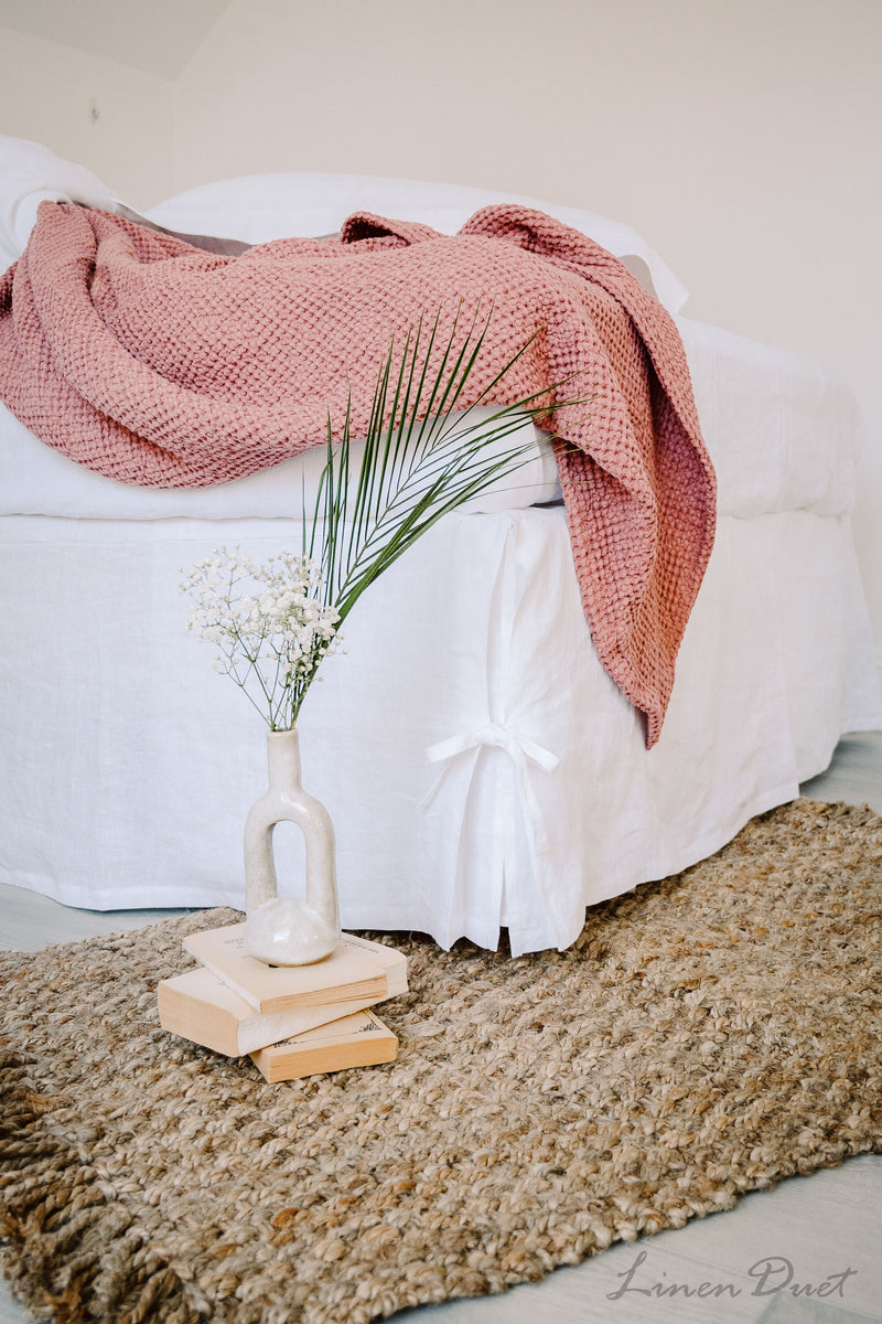 Linen Bed Coverlet with Flat Sides and Corner Ties - Linen Bedding Natural - White, Oatmeal, Mustard Bed Cover - Custom, Queen, King - Gift