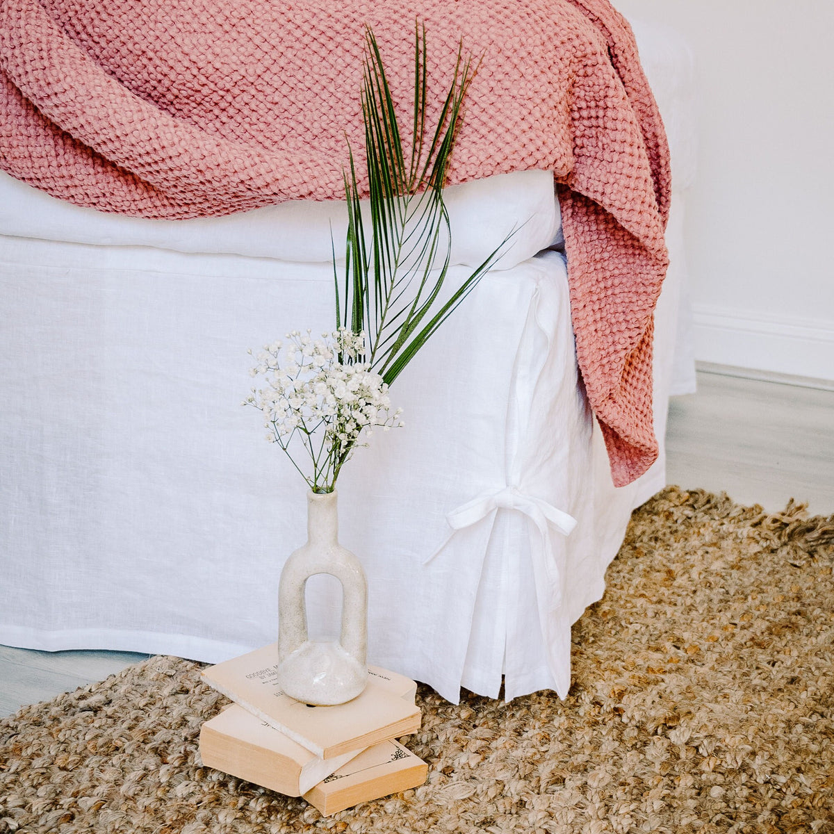 Linen Bed Coverlet with Flat Sides and Corner Ties - Linen Bedding Natural - White, Oatmeal, Mustard Bed Cover - Custom, Queen, King - Gift