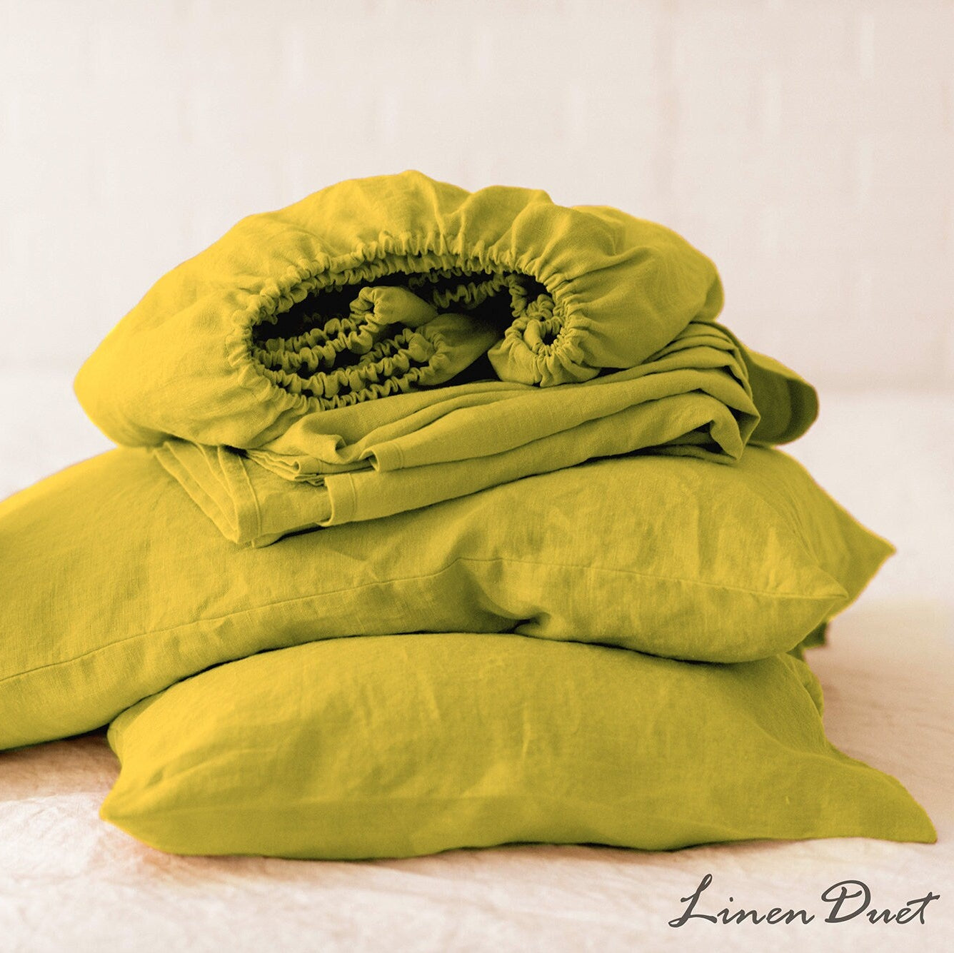 Yellow European Linen Bedding Set – Handmade Flat Sheet, Fitted Sheet &amp; Pillowcases