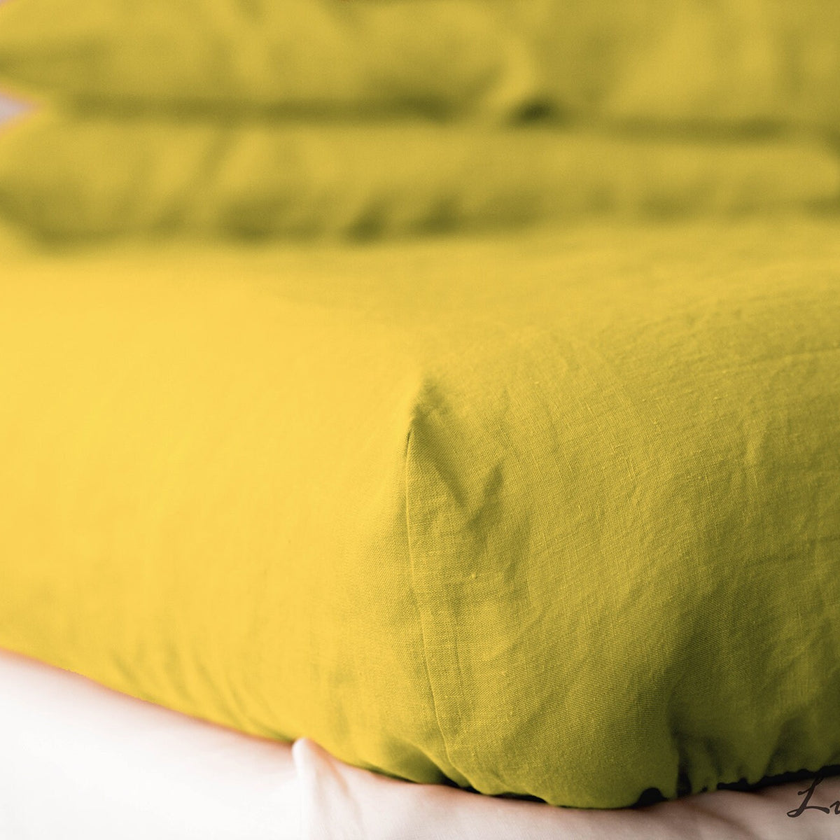 Yellow Linen Bedding Set 4 Pieces - Fitted Sheet, Flat Sheet, 2 Pillowcases - Toddler King / Queen / Twin / Full Crib Monogram Natural Linen