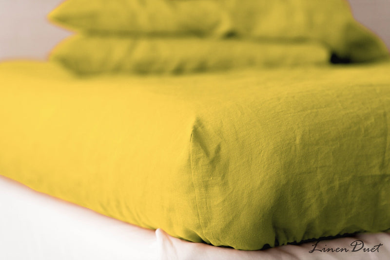 Yellow Linen Bedding Set 4 Pieces - Fitted Sheet, Flat Sheet, 2 Pillowcases - Toddler King / Queen / Twin / Full Crib Monogram Natural Linen