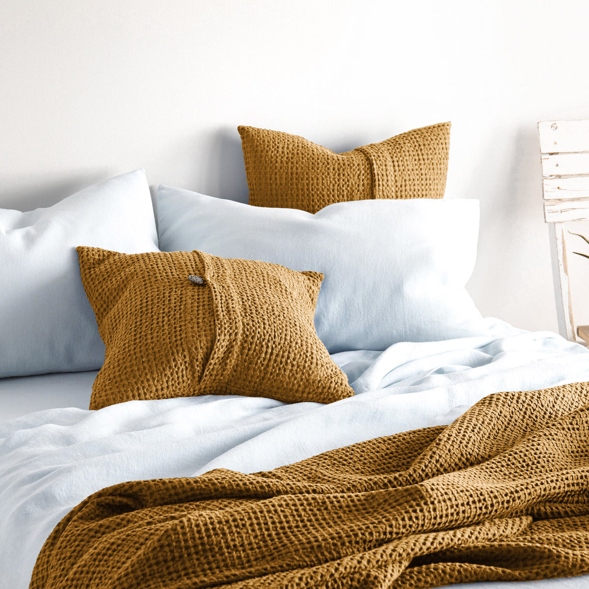 Waffle Linen Cotton Pillowcase with Decorative Button Closure