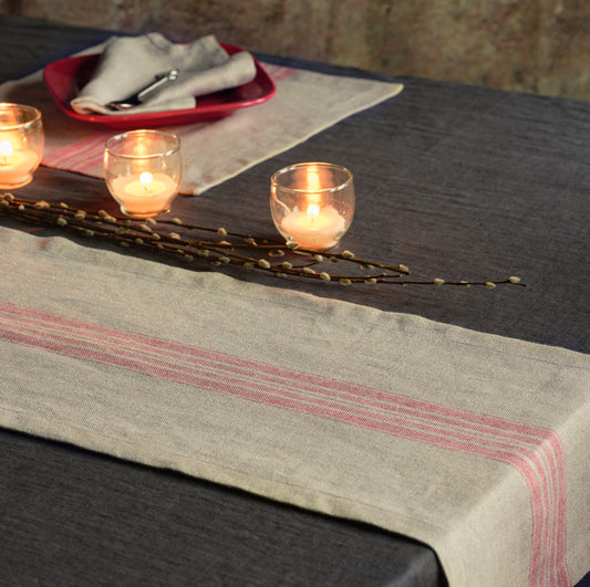 Gray Linen Table Runner with Stripes
