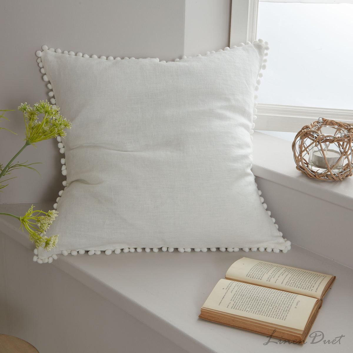 Linen Curtain Panel with Pom Pom Trim and Rod Pocket