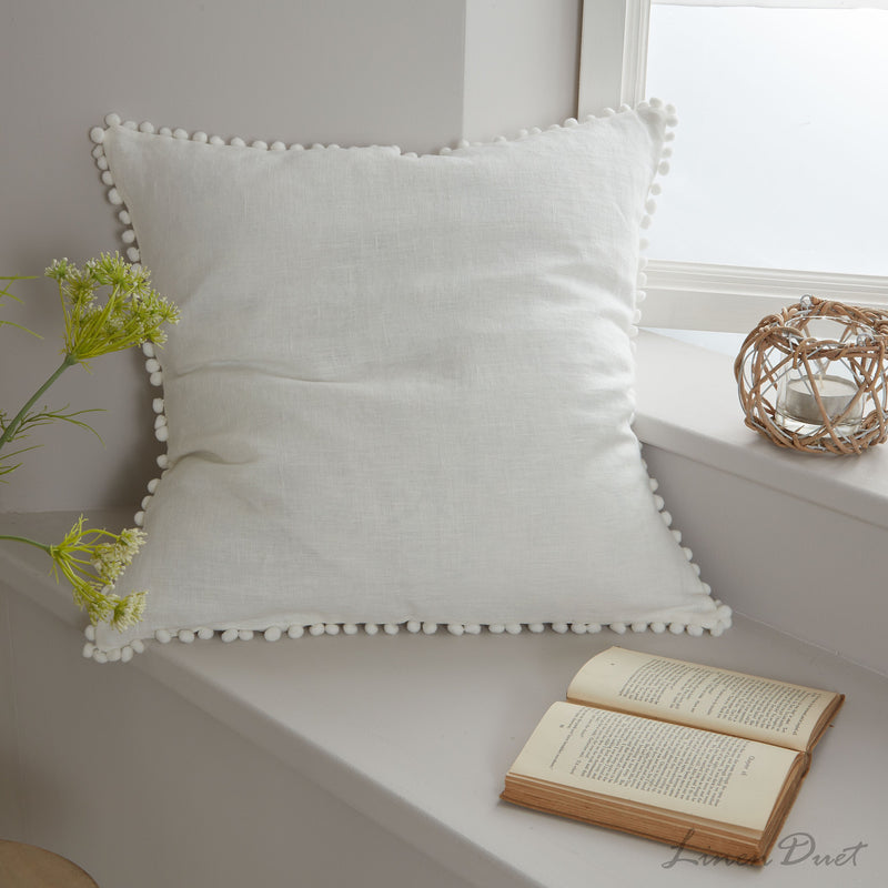 Linen Curtain Panel with Pom Pom Trim and Rod Pocket