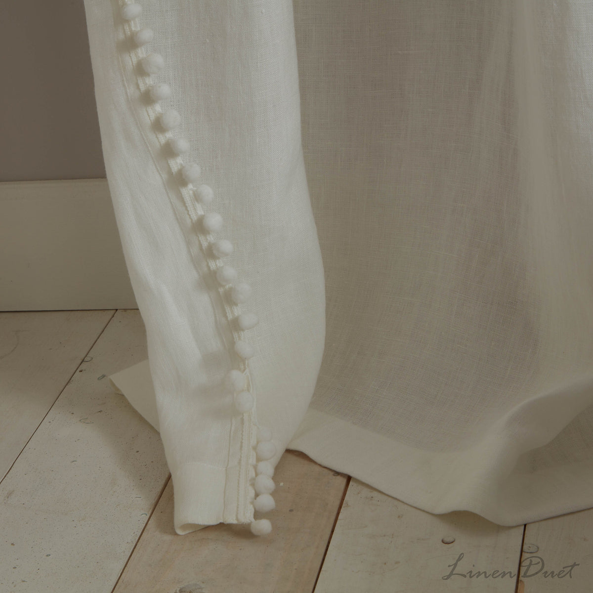 Linen Curtain Panel with Pom Pom Trim and Rod Pocket