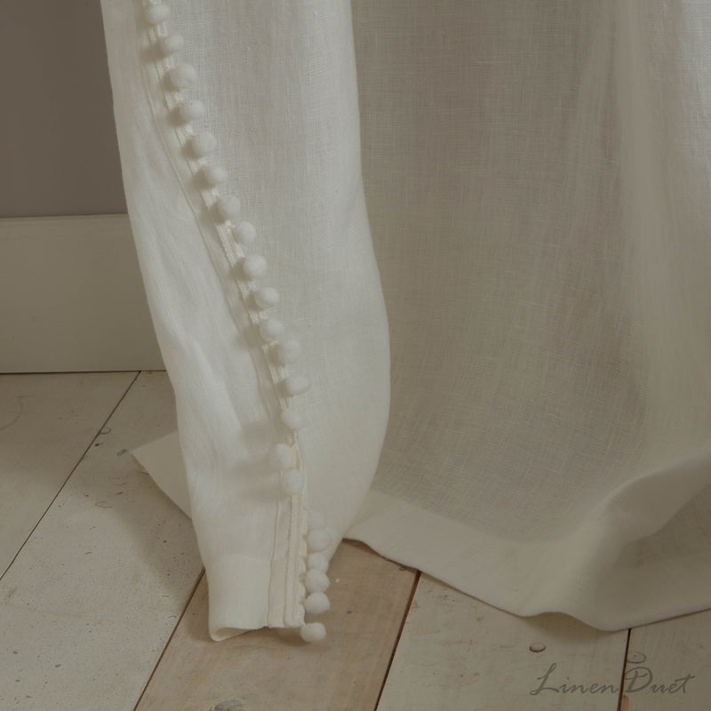 Linen Curtain Panel with Pom Pom Trim and Rod Pocket