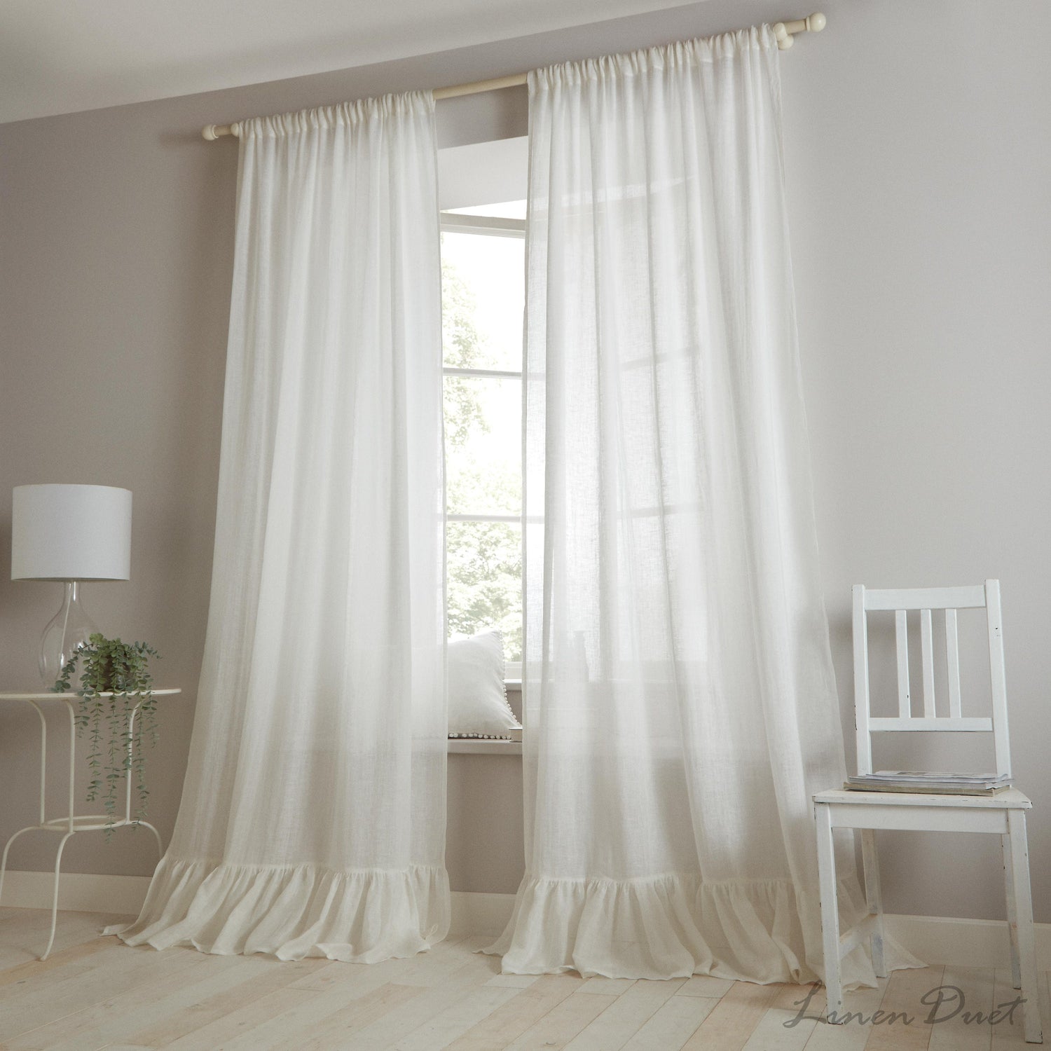 Sheer Linen Curtain with Bottom Ruffle and Rod Pocket