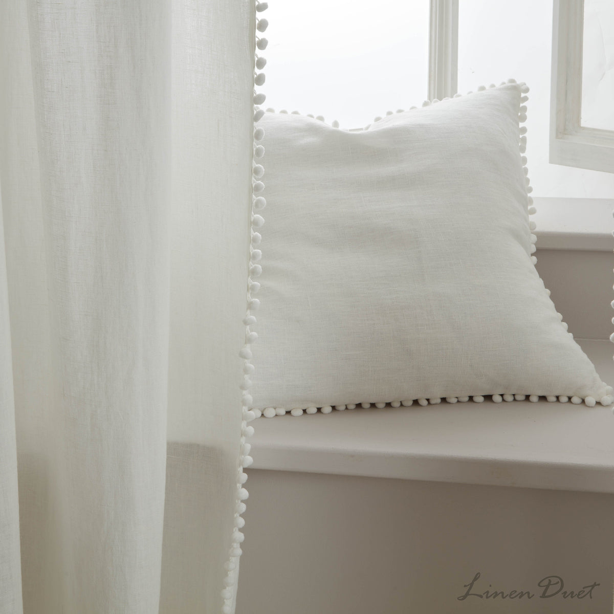 Linen Curtain Panel with Pom Pom Trim and Rod Pocket