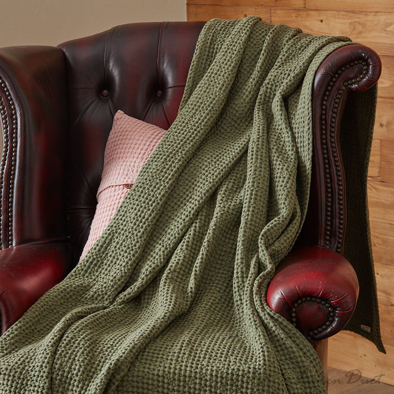Waffle Linen Throw Blanket in Linen Cotton Blend for Bed or Sofa