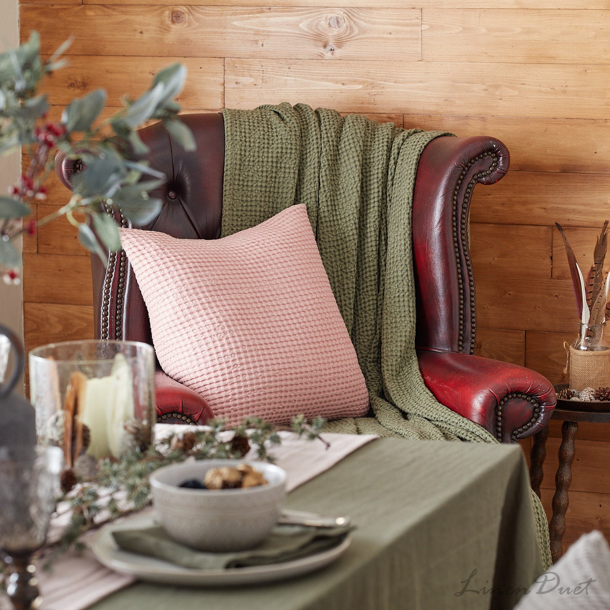 Red leather armchair with pink pillow and green blanket, set against a wooden wall with a table in front.