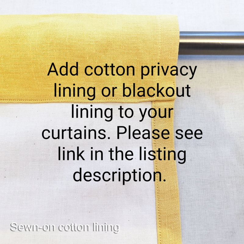 Yellow curtain with text about adding cotton privacy lining or blackout lining.