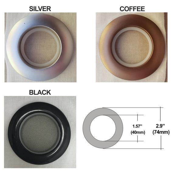 Four circular filters in silver, coffee, and black with measurements on a white background.