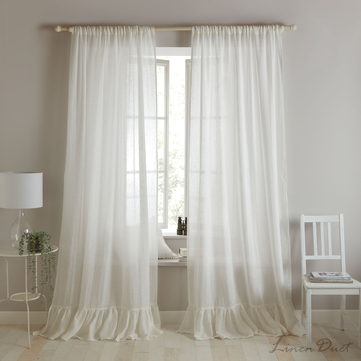Sheer Linen Curtain with Bottom Ruffle and Rod Pocket