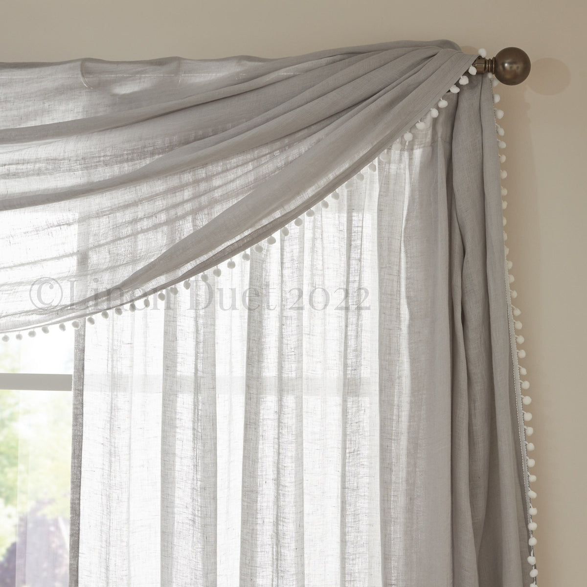 Linen Curtain Valance Scarf with Pom-Pom Trim – Handmade Window Scarf