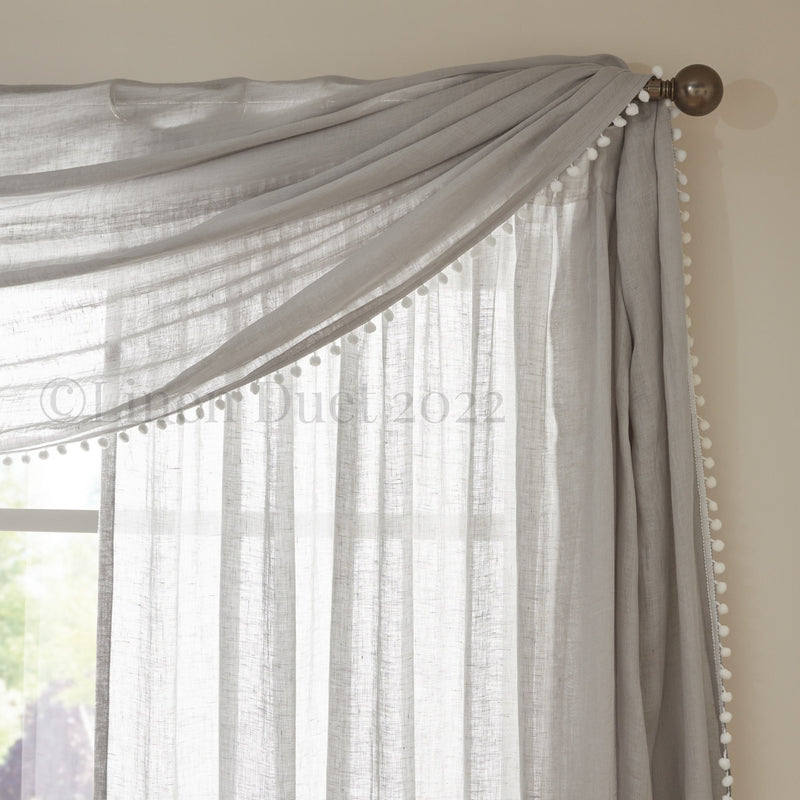 Linen Curtain Valance Scarf with Pom-Pom Trim – Handmade Window Scarf