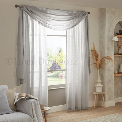 Linen Curtain Valance Scarf with Pom-Pom Trim – Handmade Window Scarf