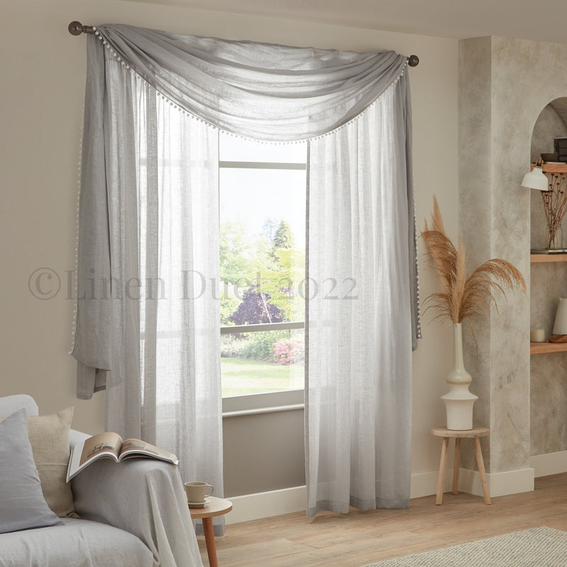 Linen Curtain Valance Scarf with Pom-Pom Trim – Handmade Window Scarf