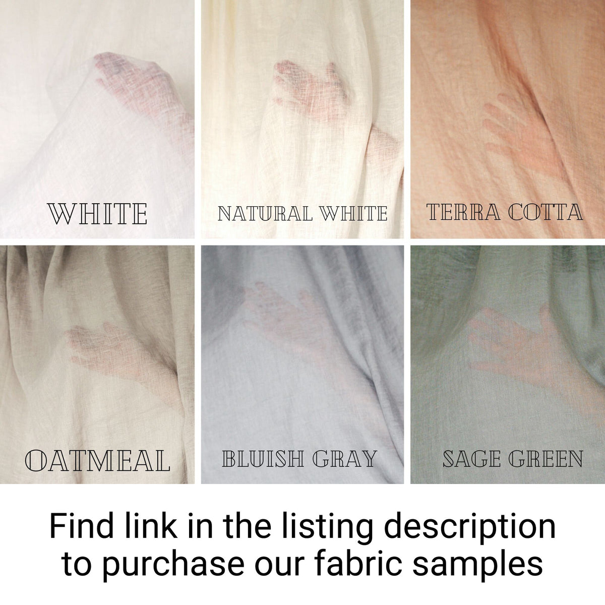 Fabric color swatches labeled White, Natural White, Terra Cotta, Oatmeal, Bluish Gray, and Sage Green.