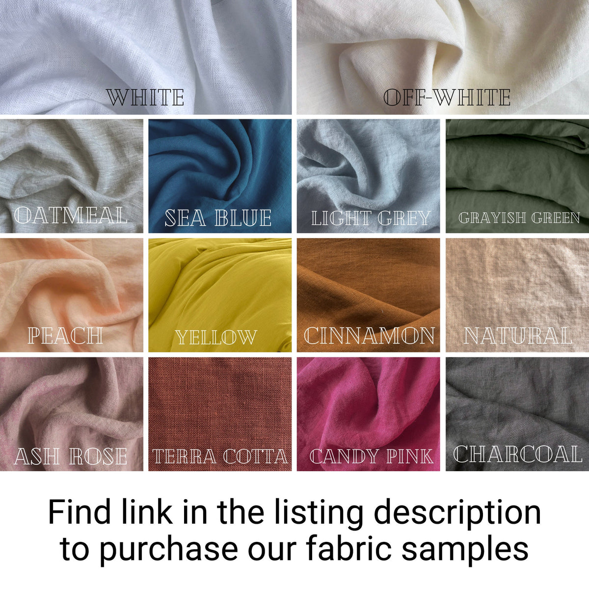 Fabric swatches in various colors with labels above each swatch.