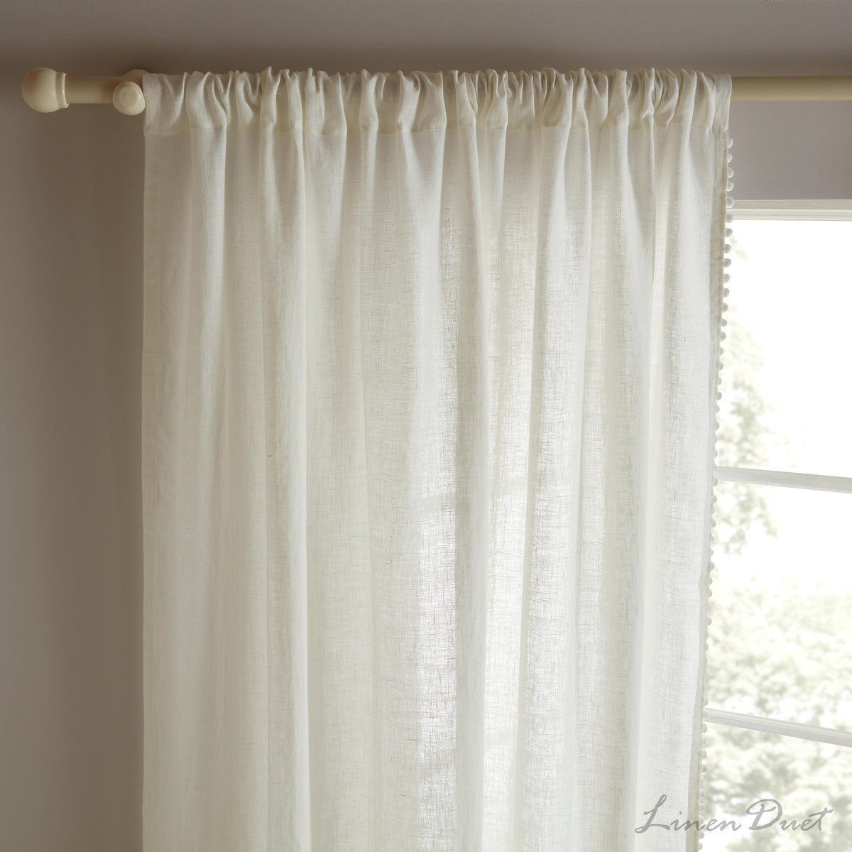 Linen Curtain Panel with Pom Pom Trim and Rod Pocket
