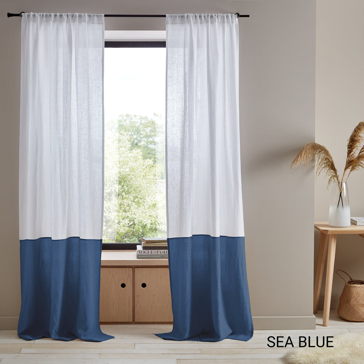 Color Block Linen Curtain Panel Custom Two Tone Drapes