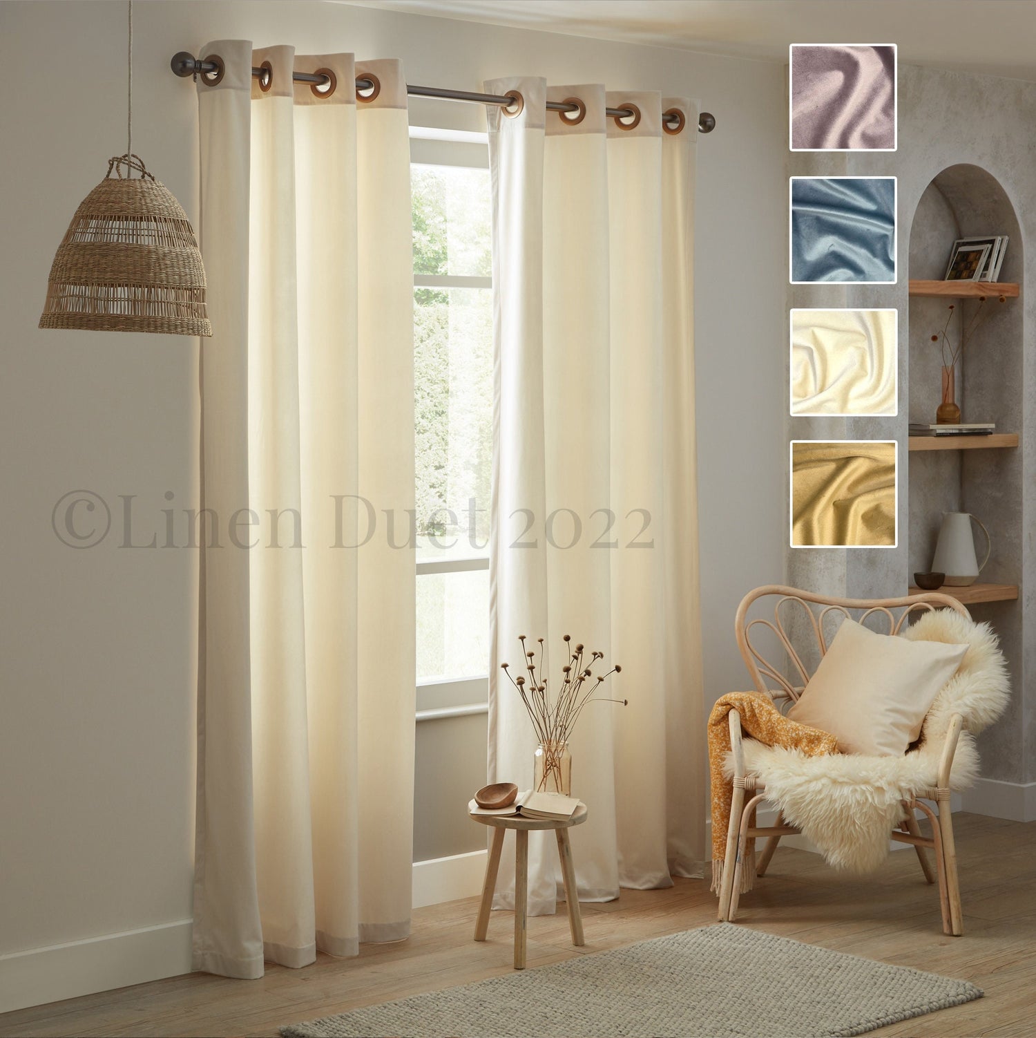 Beige curtains in a room with a chair, small table, and decorative elements.