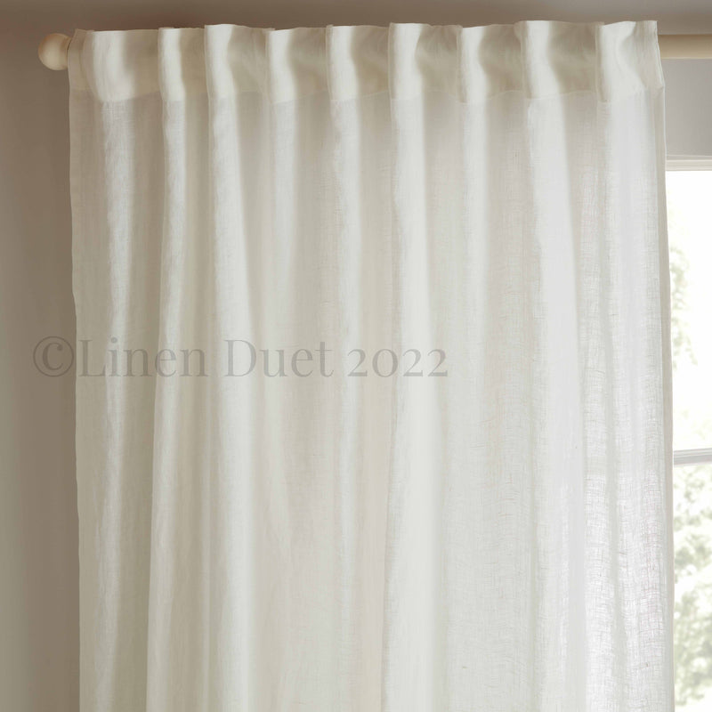 White curtain panel with 'Linen Duet 2022' branding on a neutral background.