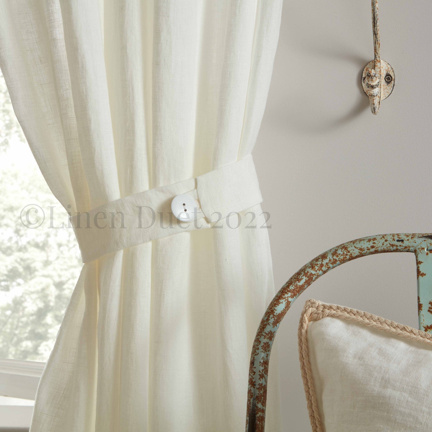 Two Curtain Tie Backs Natural Linen with Buttons