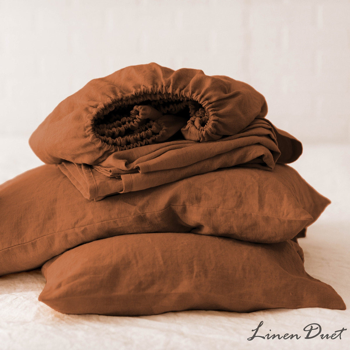Cinnamon Linen Bedding Set with Flat Sheet, Fitted Sheet and Pillowcases