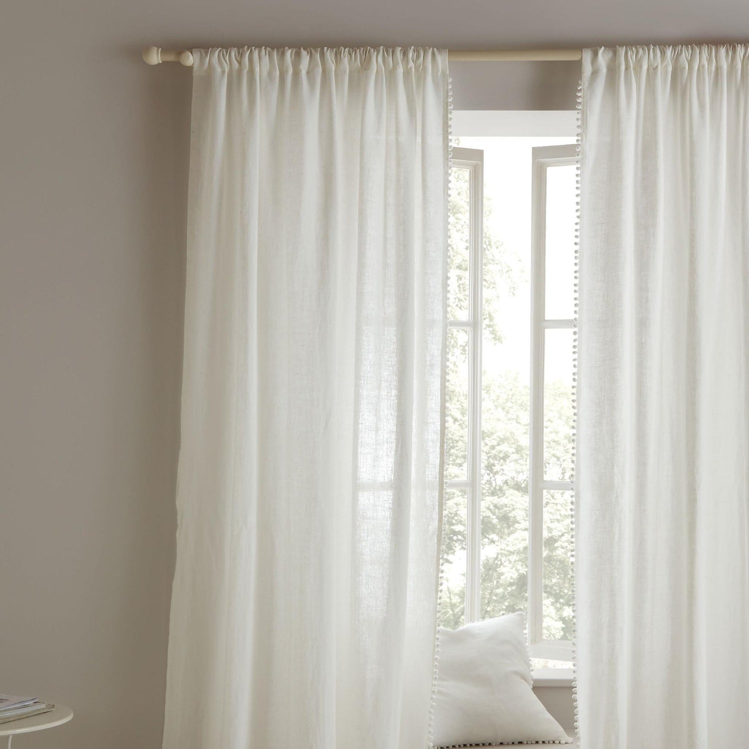 Linen Curtains with Pom Pom Trim, White Linen Curtains , One Curtain Panel, Custom Farmhouse Curtains, Extra Long Curtains, Cafe Curtains