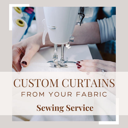 Person using a sewing machine with text about custom curtains from fabric sewing service