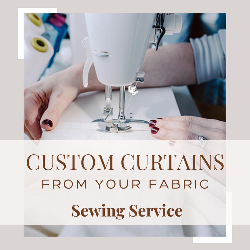 Person using a sewing machine with text about custom curtains from fabric sewing service