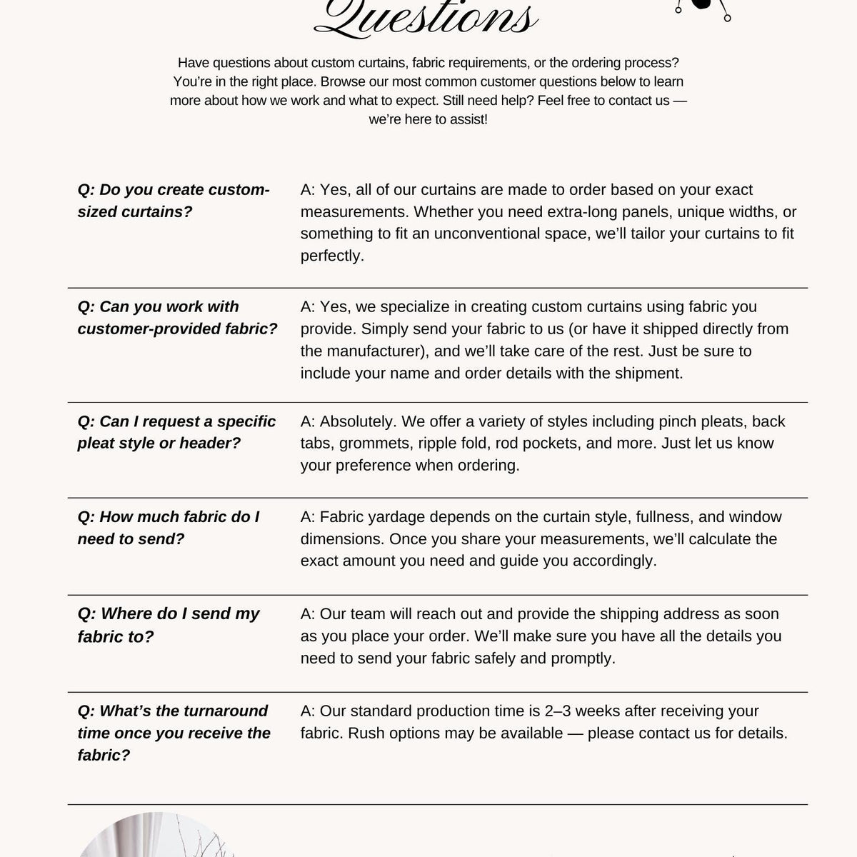 Linden Studio FAQ sheet with customer service questions and answers on a white background
