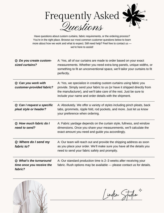Linden Studio FAQ sheet with customer service questions and answers on a white background